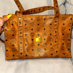 Authentic MCM's Visetos Leather Vintage Shoulder Tote Bag cognac Brown EUC